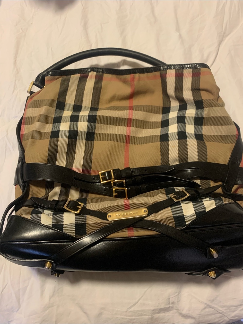 Burberry Beige Check Duffel with Black Trim and Gold Hardware